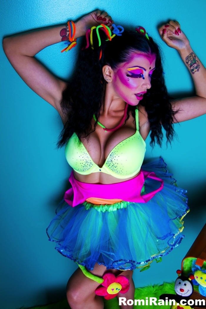 Busty Romi Rain Colorful Party Outfit